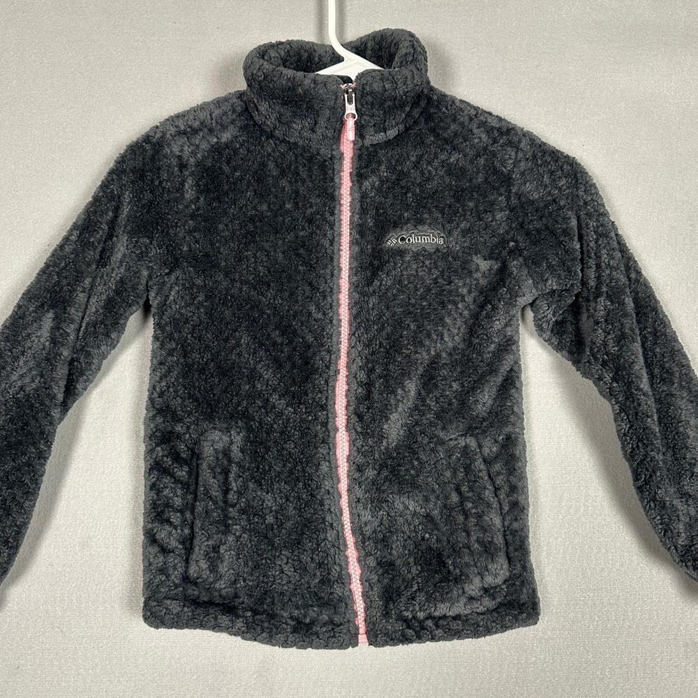 Columbia Jacket Girls Small Fire Side Sherpa Charcoal Grey Full Zip Pockets EUC
